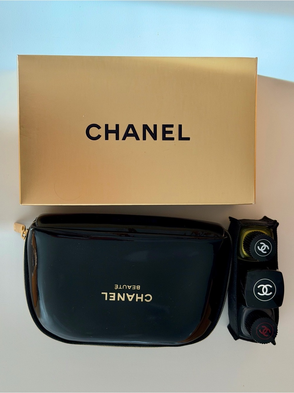 CHANEL Black Patent Nail Polish or Makeup Pouch with Gold Logo Brand New